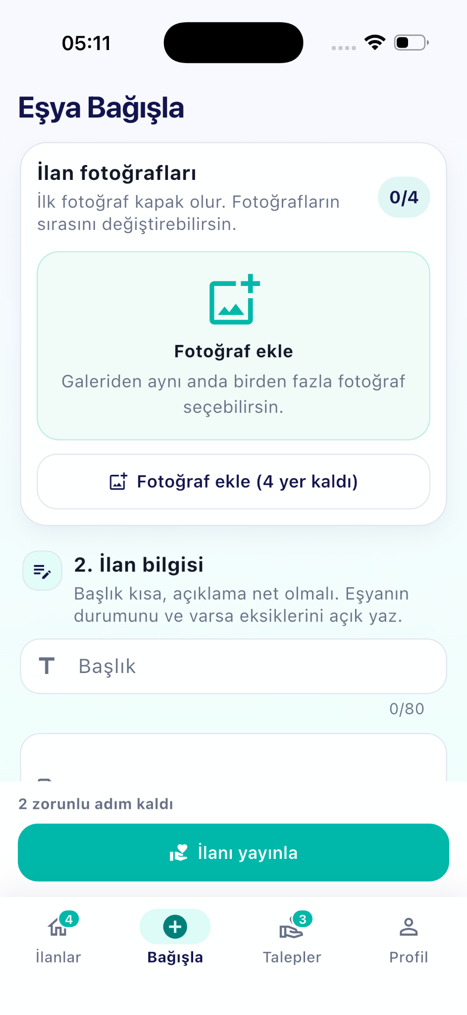 Senkullan eşya bağışlama ve ilan oluşturma ekranı